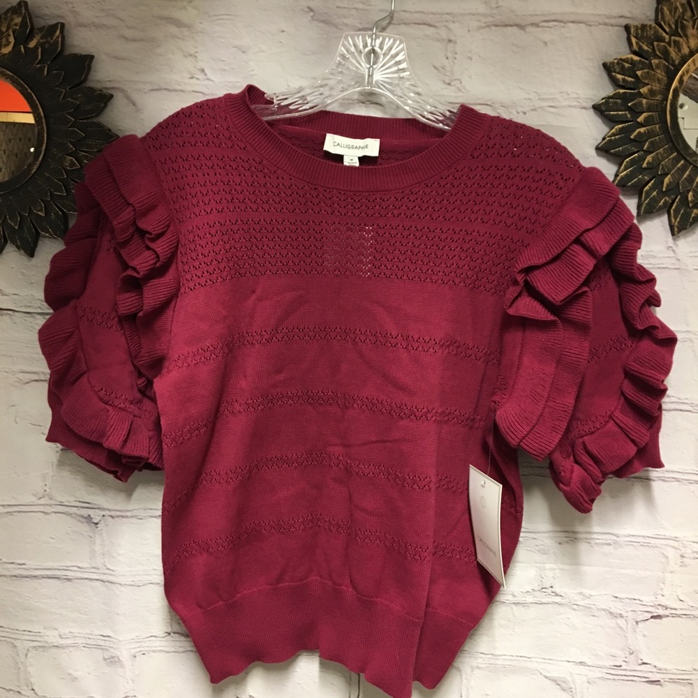 NEW Red SWEATER TOP OVERSIZED Puff Sleeves  Raspberry SZ M